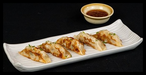 Pan-fried gyoza dumplings with dipping sauce